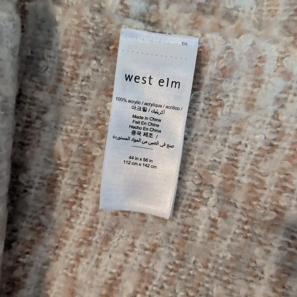 West Elm Cream Tan Soft Textured Throw Blanket Fringe Trim Cozy Warm